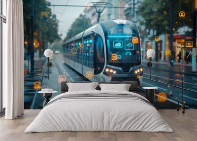 Modern city tram. Public Transportation and Technology Concept. ITS Mobility as a service. digital graphic icons, AI Artificial intelligence transport in a modern smart city Wall mural