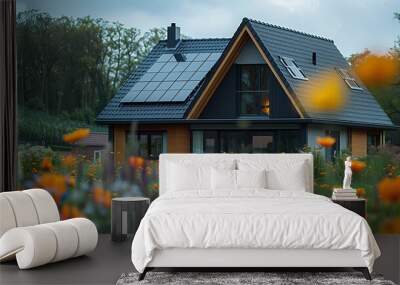 modern home with solar panels attached on the roof against a sunny sky, Close up of new house with black solar panels during spring with flowers, luxury villa Wall mural