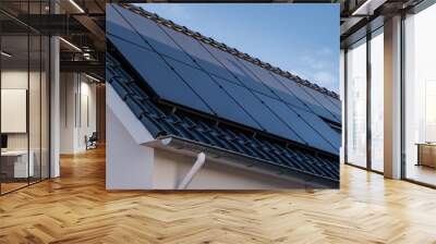 Newly build houses with solar panels attached on the roof against a sunny sky Close up of new building with black solar panels. Zonnepanelen, Zonne energie, Translation: Solar panel, Sun Energy Wall mural