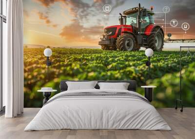 smart farming, tractor in the field, farmer tractor spraying an agricultural crop at sunset, data and floating icons of the agriculture industry and food supply  Wall mural