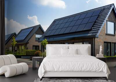 Solar energy, A family house building with solar panels on the roof in a residential area. blue sky and during the Spring season,  a dutch house with brick wall and roof tiles Wall mural