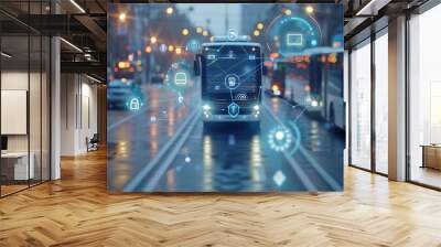 Transportation and technology concept. ITS Intelligent Transport Systems, smart city internet of things, web3, AI public transport, artificial intelligence Wall mural