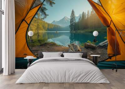 view from indoor of a tent at a lake and mountains in the forest Wall mural