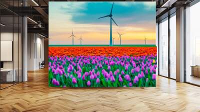 Windmill Park at sunset with a field of tulip flowers in the Netherlands Europe, windmill turbines in Flevoland Netherlands Wall mural