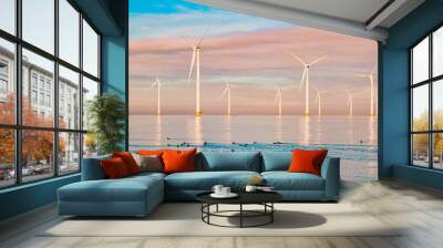 Windmills for electric power production Netherlands Flevoland, Wind turbines farm in the sea, windmill farm producing green energy at sunset Wall mural