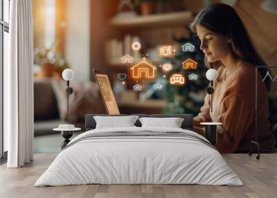 women on laptop with floating icons, Real estate investment, Buy, own, and sell properties for profit. Cash flow, appreciation, tax advantages. Research, strategy, Real estate investment yields financ Wall mural