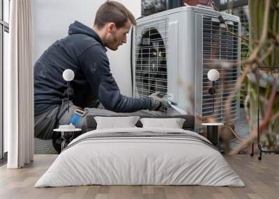 worker installing an air source heat pump unit outdoors at a house in Europe, warmte pomp, translation air source heat pump, airco for warming and cooling,  Wall mural