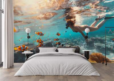 Young woman snorkeling dive underwater with Nemo fishes in the coral reef Travel lifestyle, swim activity on a summer beach holiday in Thailand Wall mural