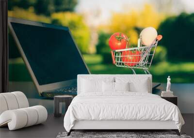 Concept of online grocery shopping. A miniature shopping cart with eggs and tomatoes is standing an a Notebook. Wall mural