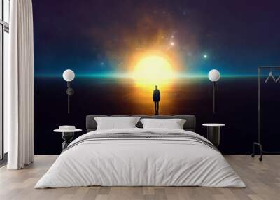 silhouette of a man against the bright sun and starry sky Wall mural