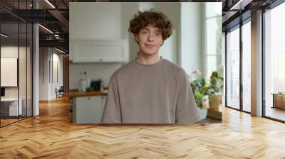 Photo people and lifestyle concept. Indoor shot of positive handsome young caucasian man with voluminous hair. An indoor portrait of a person smiling and looking at the camera, wearing casual clothing Wall mural