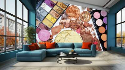 Eye shadow colorful and powder shattered into powder. Make up brush. Wall mural