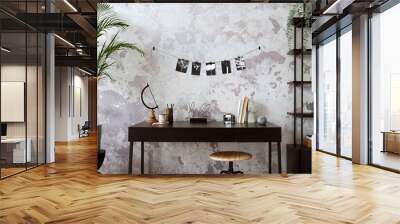 Concrete interior of home office with black desk,  black and white image, office accessories and plants. Rack with personal accessories. Home decor. Template. Wall mural