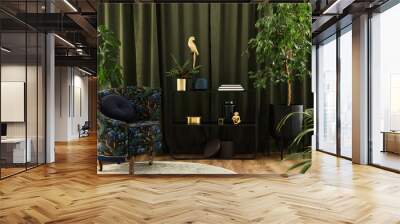 Creative composition of living room interior design with designed armchair, black geometric console, plants and golden accessoriers. Urban jungle concpet. Template.. Wall mural