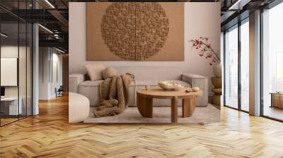 Creative composition of living room interior with mock up poster frame, beige sofa, wooden coffee table, rounded shapes armchair, vase with rowanberry and personal accessories. Home decor. Template.. Wall mural