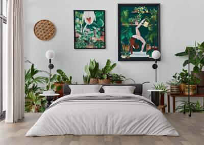 Domestic interior of living room with vintage retro shelf, a lot of house plants, cacti, wooden mock up poster frame on the white wall and elegant accessories at stylish home garden. Template. Wall mural