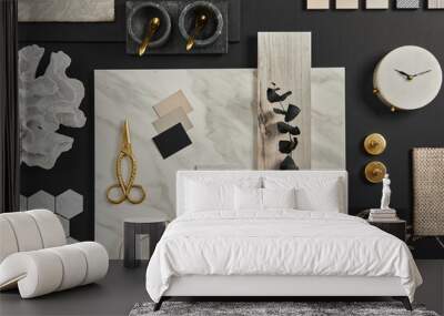 Flat lay composition of creative black architect moodboard with samples of building, textile and natural materials and personal accessories. Top view, black backgroung, template. Wall mural