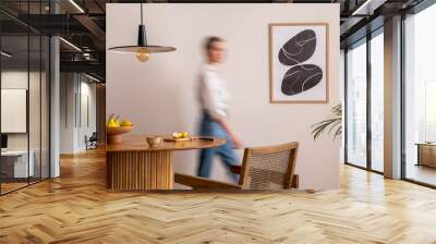 Interior design of domestic dining room space with two mock up poster frames, round table, chair, pedant lamp, decoration and woman in jeans. Minimalist home decor. Template. Wall mural