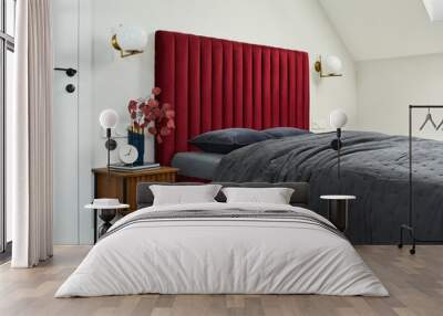 minimalistic elegant bedroom interior with red bed, grey bedclothes and wooden furniture. glamour st Wall mural