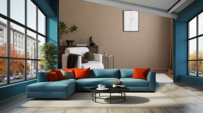 Modern Earth-Tone Interior. An earth-toned, modern living room with cozy furniture and abstract wall art. Perfect for promoting warm, inviting home spaces. Wall mural