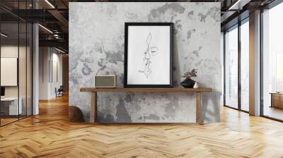 Sophisticated composition of modern living room with design bench, lamp, carpet, clothes rack , decoration and personal accessories. Wabi sabi concrete wall. Minimalist home decor. Template. Wall mural