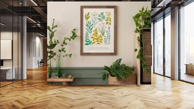 Spring composition of living room interior with mock up poster frame, rattan sideboard, wooden bench, vase with leaves and personal accessories. Home decor. Template. Wall mural