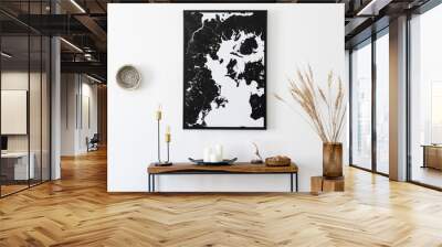 Stylish and cozy scandinavian interior of living room with wooden console, ring on the wall, cube, flowers and elegant personal accessories. Black mock up poster map. Design home decor. Template.  Wall mural