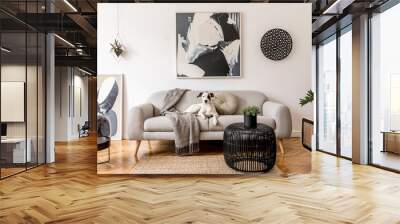 Stylish and scandinavian living room interior of modern apartment with gray sofa, design wooden commode, black table, lamp, abstrac paintings on the wall. Beautiful dog lying on the couch. Home decor. Wall mural