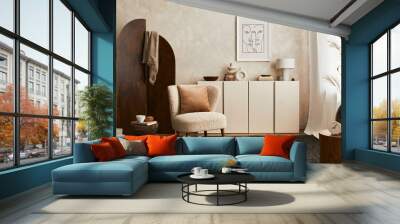 stylish composition of cozy living room interior design with mock up poster frame, fluffy armchair,  Wall mural