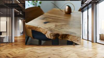 stylish compositon of craft oak wooden table with chairs, copper watering can and modern floor in be Wall mural