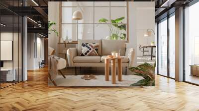 Stylish compositon of modern living room interior with frotte armchair, sofa, plants, wooden commode, side table and elegant home accessories. Home staging. Template. Copy space.. Wall mural