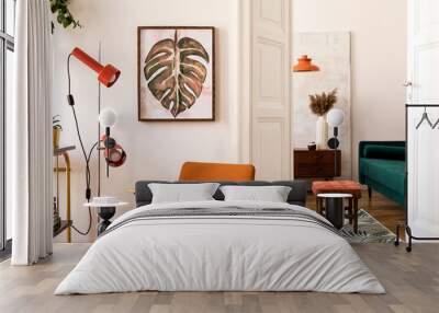 stylish compositon of retro home interior with mock up poster frame, vintage orange chair, velvet so Wall mural