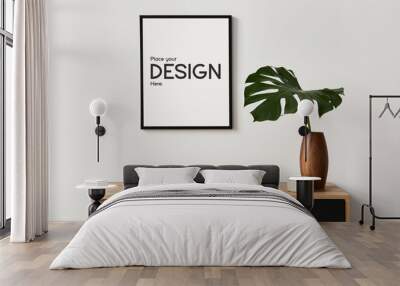 Stylish interior of living room with mock up poster frame, wooden commode, book, tropical leaf in ceramic vase and elegant personal accessories. Minimalist concept of home decor. Template. Wall mural