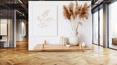 Stylish korean interior of living room with white mock up poster frame, elegant accessories, air plant, wooden shelf and vase with flowers. Minimalistic concept of home decor. Template. Bright room. Wall mural