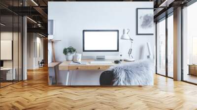 Stylish scandinavian interior of home creative desk with mock up computer screen, poster frame, plants, bookstand and gramophone. Minimalistic space for work, hobby and listen music. Freelancer zone. Wall mural