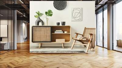 stylish scandinavian living room interior of modern apartment with wooden commode, design armchair,  Wall mural