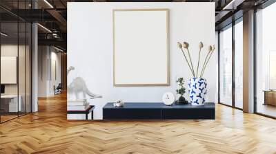 Stylish scandinavian living room with mock up poster frame, navy blue commode, table lamp and elegant accessories. Modern home decor. Interior design. Template Ready to use.  Wall mural