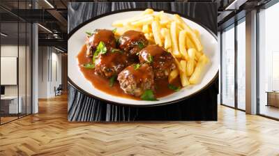 Belgian Boulets sauce lapin meatballs in apple gravy and French fries closeup in the plate on the table. Horizontal Wall mural