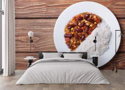 Chili con carne and rice on a white plate top view Wall mural