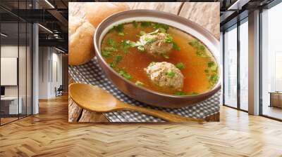 clear beef broth with liver dumplings close up in a dish on the table. horizontal Wall mural