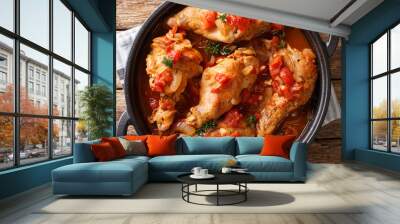 Cunillo stew of rabbit in tomato sauce with white wine and herbs close-up in a pan. Horizontal top view Wall mural