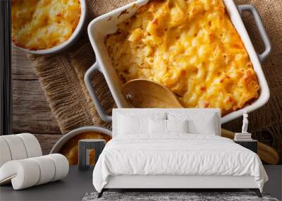 Delicious and hearty meal: casserole mac and cheese in a baking dish close-up. horizontal top view Wall mural