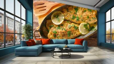 Delicious food: trout fish with garlic lemon butter sauce, parsley close-up in a copper frying pan. horizontal top view Wall mural