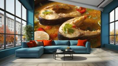 Delicious spicy fish curry with coriander macro. horizontal
 Wall mural