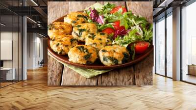 Dietary foods: chicken balls with spinach and cheese and vegetable salad close-up. horizontal Wall mural