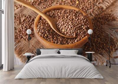 dry brown lentils in a wooden bowl close-up. horizontal, rustic Wall mural