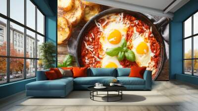 Eggs in purgatory with tomato basil garlic sauce and a sprinkling of Parmesan closeup on the skillet on the wooden table. Horizontal top view from above Wall mural