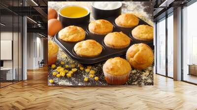 Healthy corn muffins in a baking dish and ingredients close-up on the table. horizontal Wall mural