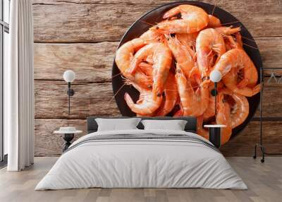 Healthy diet food: boiled wild tiger shrimps close-up on a plate on a table. Horizontal top view Wall mural