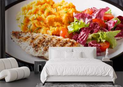 Healthy food: grilled chicken fillet with mashed potatoes and fresh salad closeup on a plate. horizontal Wall mural